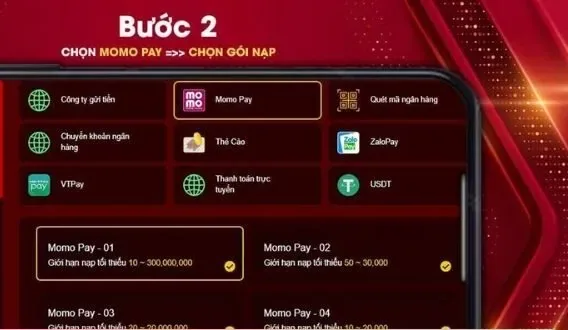 Màn hình chọn kênh và gói nạp tiền 789Club: Momo Pay, chuyển khoản ngân hàng, thẻ cào, ZaloPay, USDT