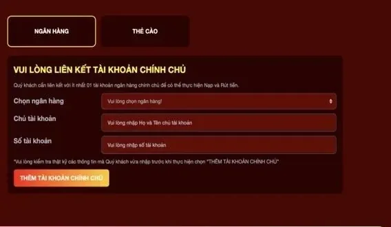 Màn hình liên kết tài khoản ngân hàng chính chủ trước khi rút tiền 789Club